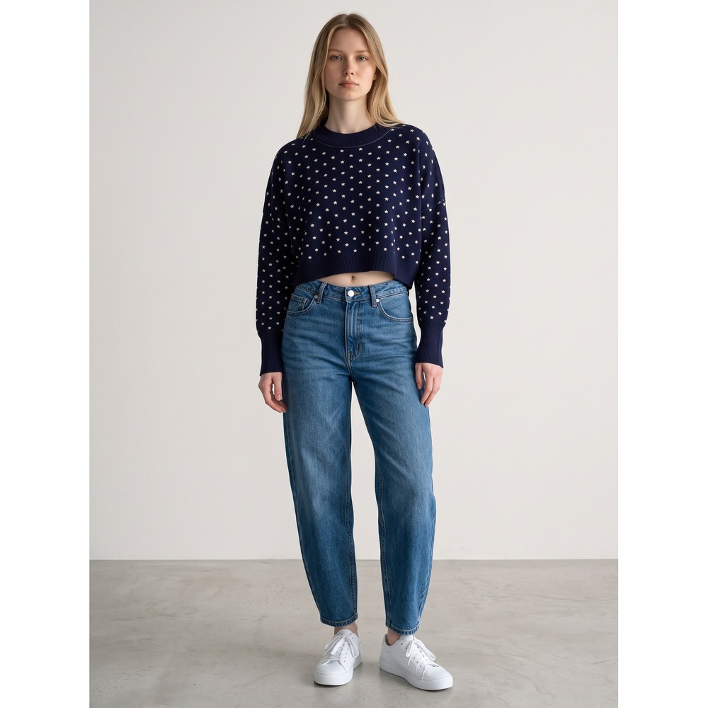 Free People Easy Street Cropped Sweater S Small Navy Blue Star Knit Pullover